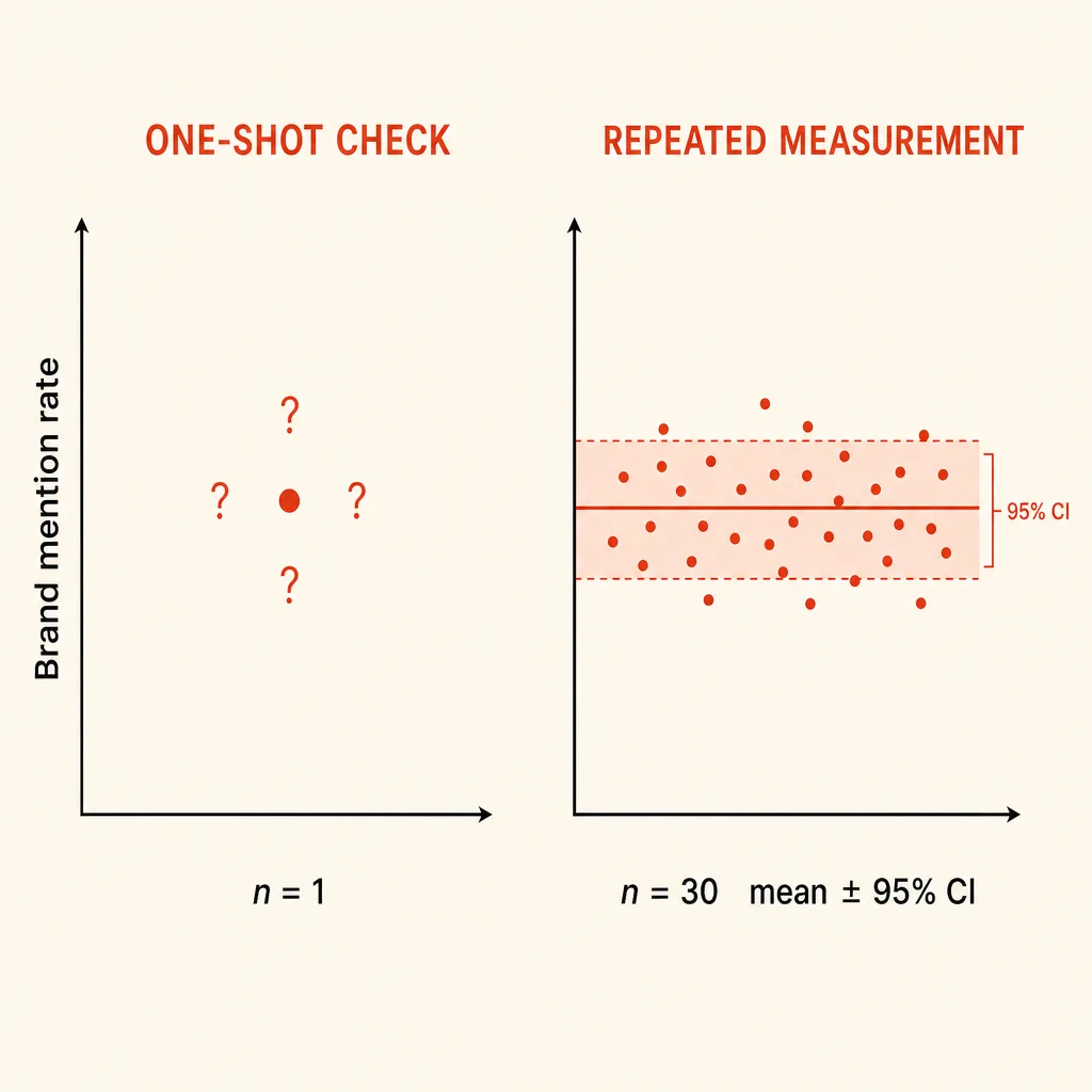 Side-by-side editorial diagram contrasting one-shot AI visibility check against thirty repeated measurements with mean and 95% confidence interval