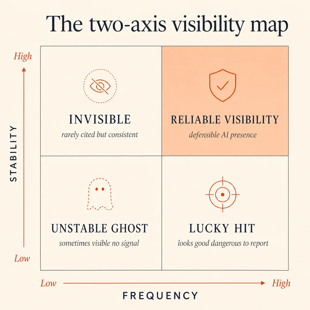 Two-by-two matrix mapping frequency against stability, with quadrants for invisible, lucky hit, unstable ghost, and reliable visibility